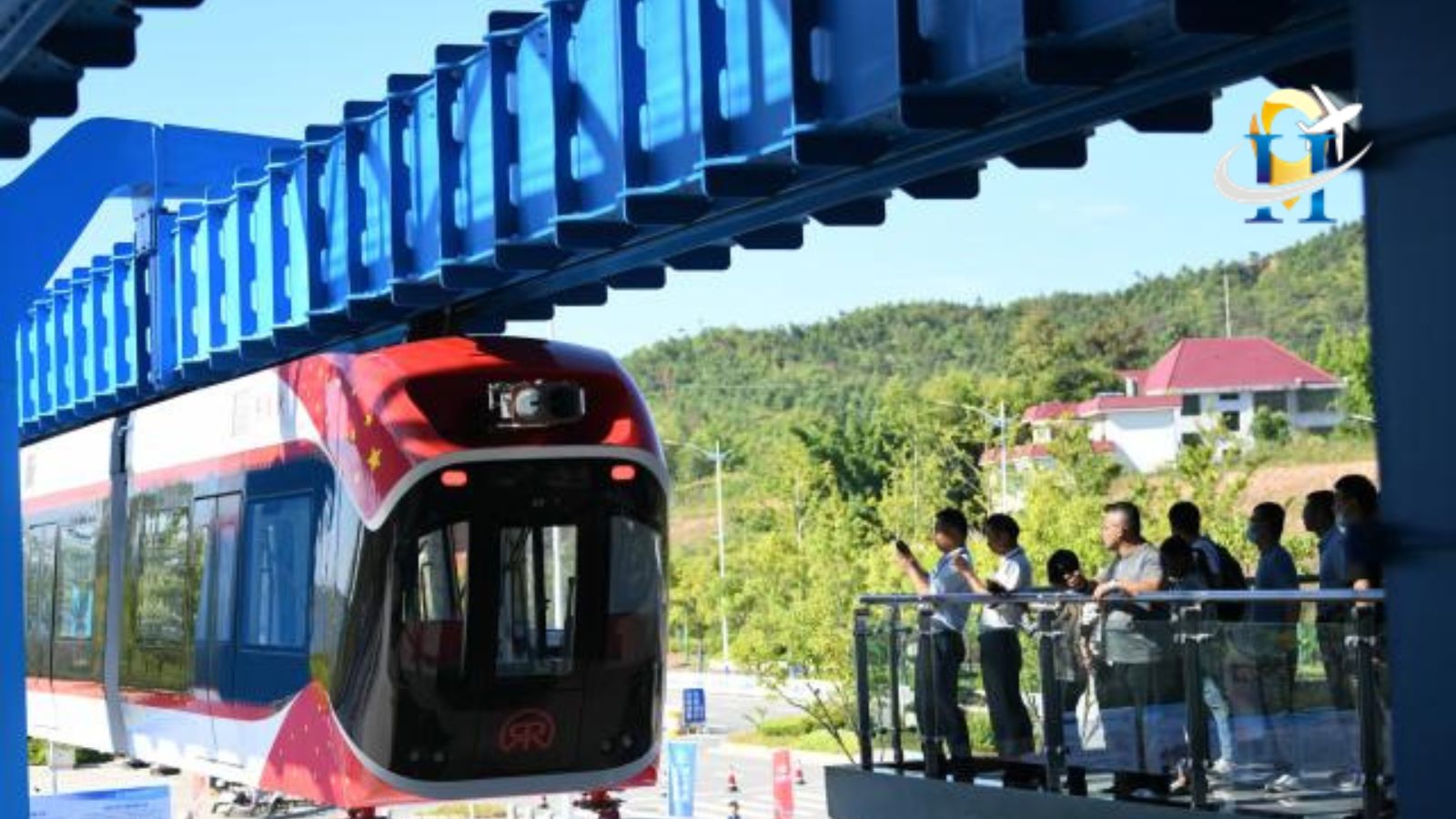 Air Train of China's futuristic Levitates through the fair 33 ft above the ground